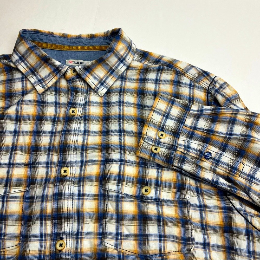 32 Bar Blues Mens Blue Yellow‎ Black White Plaid Long Sleeve Shirt Large *FLAWED - Picture 10 of 14